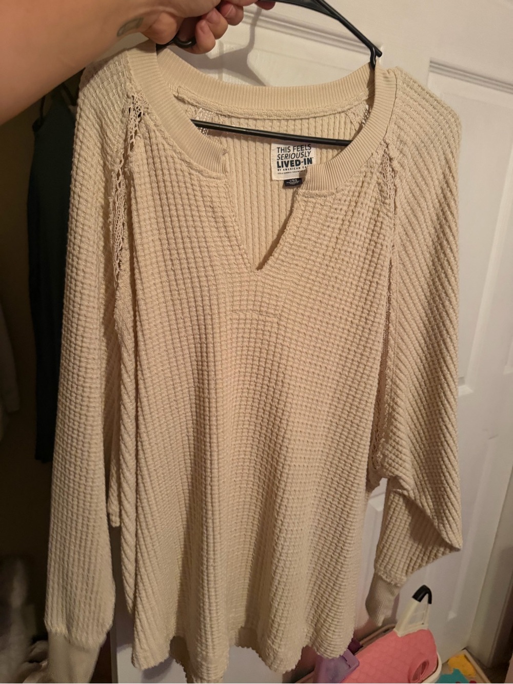 American Eagle Women's Cream Thermal Long Sleeve Top